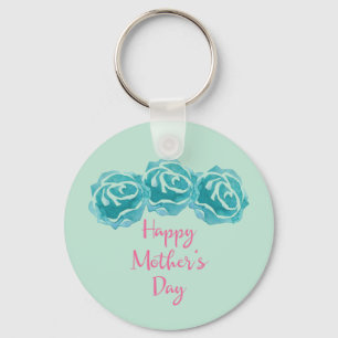 3 Teal Watercolor Roses Happy Mother's Day Keychain
