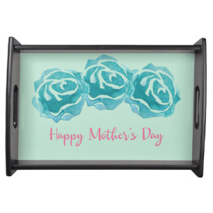 3 Teal Watercolor Roses Happy Mother's Day Serving Tray