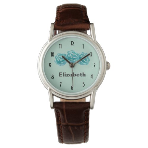 3 Teal Watercolor Roses on Mint Green Backdrop Watch