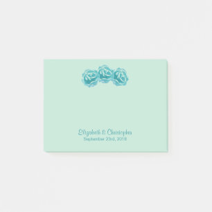 3 Teal Watercolor Roses on Mint green Wedding Post-it Notes