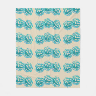 3 Teal Watercolor Roses on Tan Backdrop Fleece Blanket