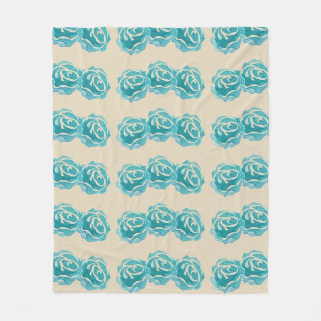 3 Teal Watercolor Roses on Tan Backdrop Fleece Blanket (Front)