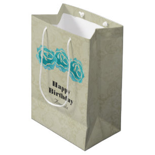 3 Teal Watercolor Roses on Tan Damask Birthday Medium Gift Bag