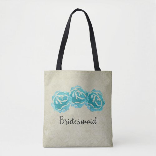 3 Teal Watercolor Roses on Tan Damask Bridesmaid Tote Bag