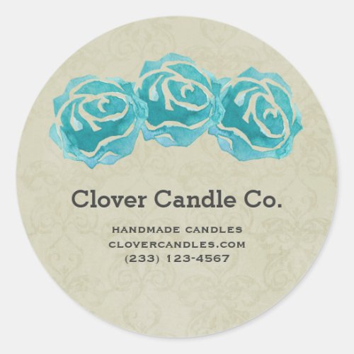 3 Teal Watercolor Roses on Tan Damask Business Classic Round Sticker