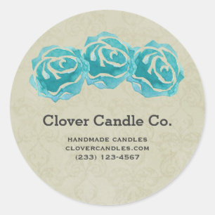 3 Teal Watercolor Roses on Tan Damask Business Classic Round Sticker