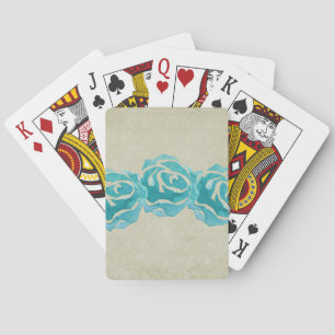 3 Teal Watercolor Roses on Tan Damask Pattern Poker Cards