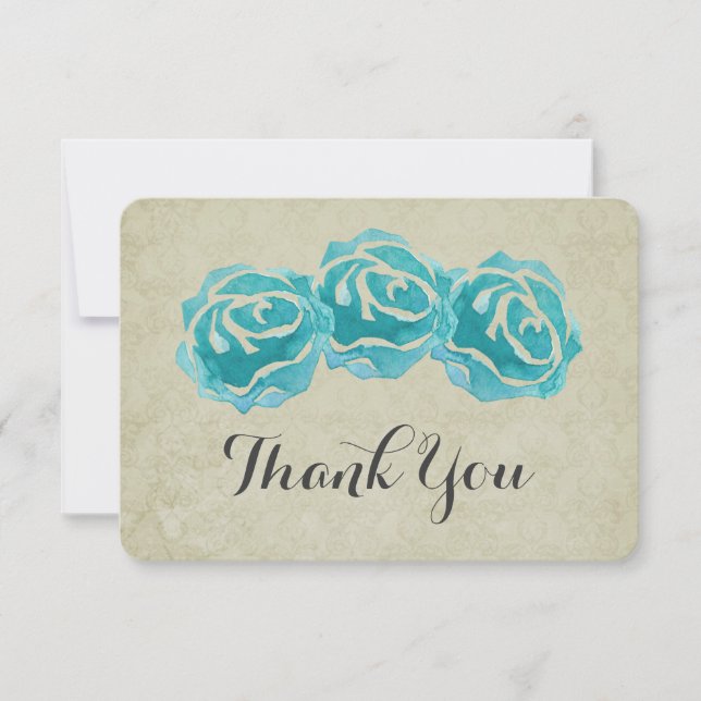 3 Teal Watercolor Roses on Tan Damask Thank You (Front)