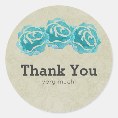 3 Teal Watercolor Roses on Tan Damask Thank You Classic Round Sticker