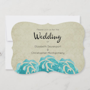 3 Teal Watercolor Roses on Tan Damask Wedding Invitation