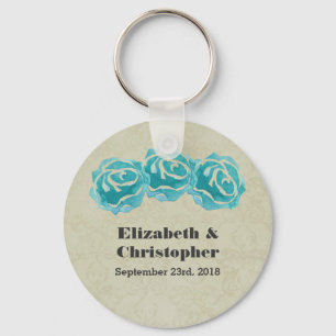 3 Teal Watercolor Roses on Tan Damask Wedding Keychain