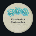 3 Teal Watercolor Roses on Tan Damask Wedding Magnet<br><div class="desc">A personalized wedding magnet. With a simple trio of teal roses painted with watercolors.  Background is a faded tan damask pattern. Personalize with your names and wedding date.</div>