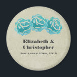 3 Teal Watercolor Roses on Tan Damask Wedding Magnet<br><div class="desc">A personalized wedding magnet. With a simple trio of teal roses painted with watercolors.  Background is a faded tan damask pattern. Personalize with your names and wedding date.</div>