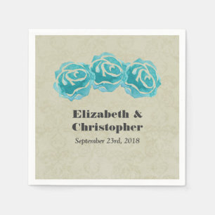 3 Teal Watercolor Roses on Tan Damask Wedding Paper Napkins
