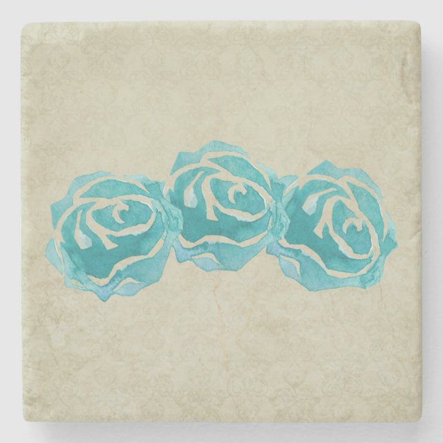 3 Teal Watercolor Roses Stone Coaster (Front)