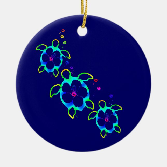 3 Tie Dyed Honu Turtles Ceramic Ornament (Front)