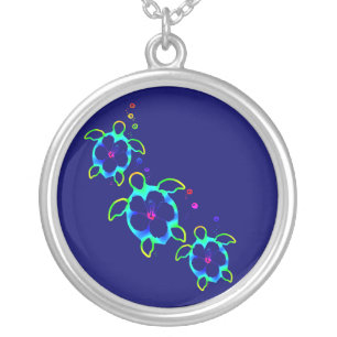 3 Tie Dyed Honu Turtles Silver Plated Necklace