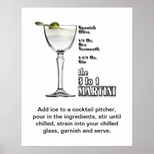 3 to 1 (Wet) Martini Cocktail Recipe Art 16"x20" Poster