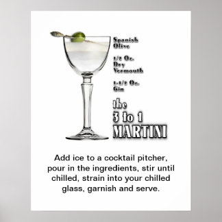 3 to 1 (Wet) Martini Cocktail Recipe Art 16"x20" Poster
