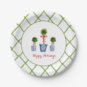3 Topiaries & Trellis border Happy Holiday Paper Plates