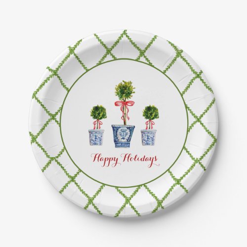 3 Topiaries  Trellis border Happy Holiday Paper Plates