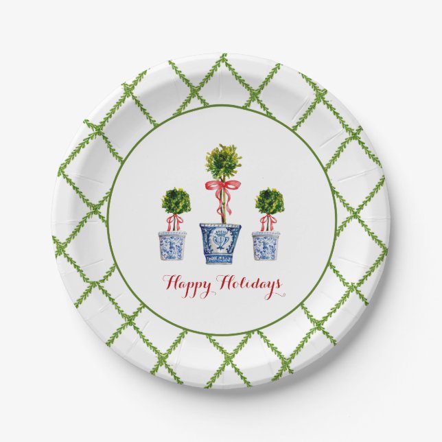3 Topiaries & Trellis border Happy Holiday Paper Plates (Front)