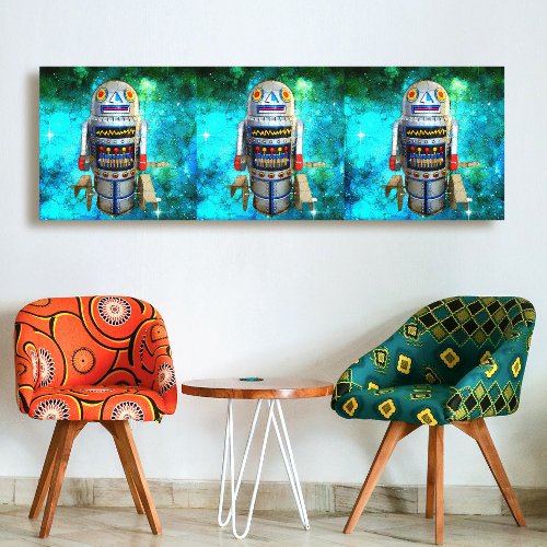 3 toy robot turquoise galaxy vintage retro tryptic canvas print