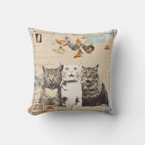 3 Traveling Cats and Butterflies Vintage Look Be Throw Pillow