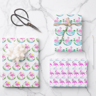 3 Tropical Pink Flamingo Patterns Wrapping Paper Sheets