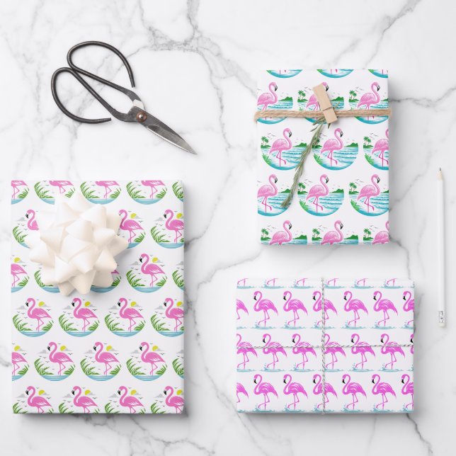 3 Tropical Pink Flamingo Patterns Wrapping Paper Sheets (Front)