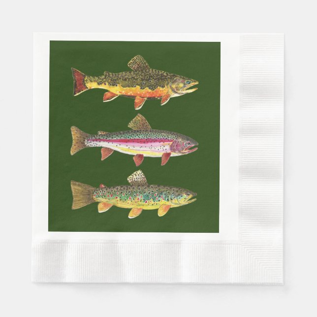 3 Trout - Brook, Rainbow, Brown Fisherman's Paper Napkins (Front)