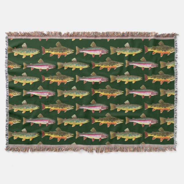 3 Trout, Brook Rainbow Brown, Fly Fishing Angling Throw Blanket (Front)