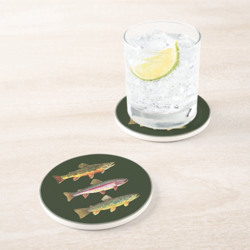 3 Trout for a Fisherman or Fisherwoman Sandstone Coaster