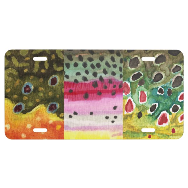 3 Trout Skins: Brook, Rainbow, Brown - Fly Fishing License Plate (Front)