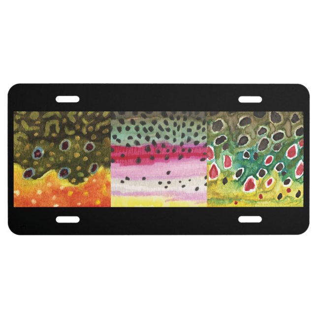 3 Trout Skins: Brook, Rainbow, Brown - Fly Fishing License Plate (Front)