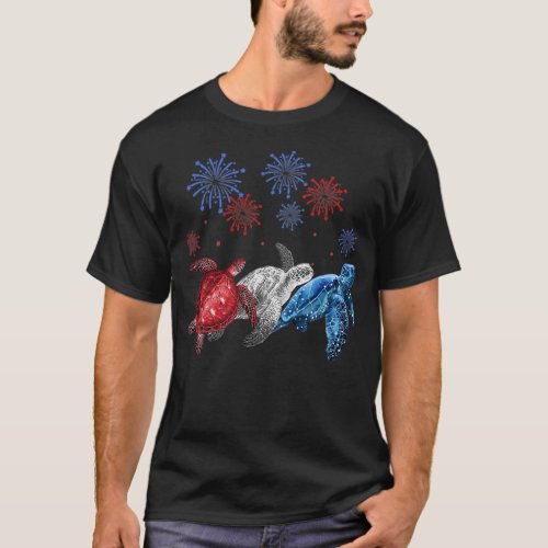 3 Turtles Firework American Flag  T_Shirt