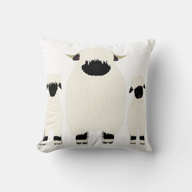 3 Valais Black nose sheep in a. row Throw Pillow (Front)