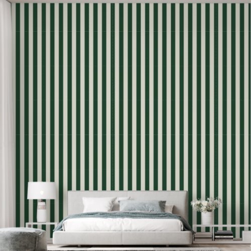 3 Vertical Stripe Earthy Dark Green  Ivory White Wallpaper