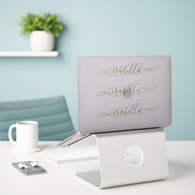 3 waterproof Gold Script Name Clear Window Laptop Sticker (Laptop On Desk)