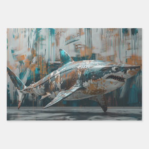3 Whimsical Graffiti Sharks Decoupage Wrapping Paper Sheets