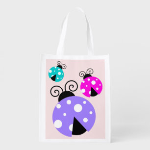 3 Whimsical Ladybugs Colorful Graphic Illustration Grocery Bag