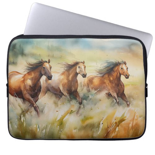 3 Wild Horses Watercolor Painting Laptop Sleeve