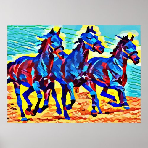 3 Wild Stallion horses abstract animal art canvas Poster