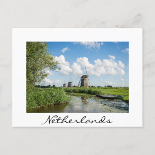 3 windmills and canal, Netherlands white postcard