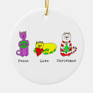 3 Wise Cats - Peace, Love, Christmas - Holiday Ceramic Ornament
