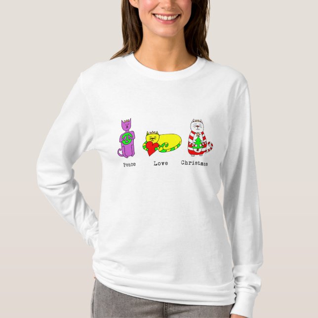 3 Wise Cats - Peace, Love, Christmas - Holiday T-Shirt (Front)