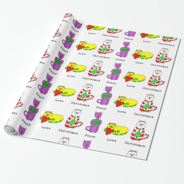 3 Wise Cats - Peace, Love, Christmas - Holiday Wrapping Paper (Unrolled)