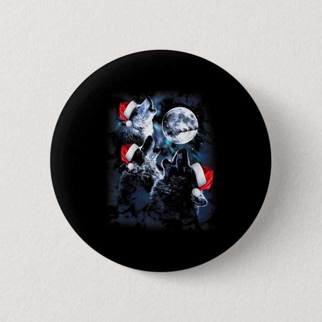 3 Wolves Howling Under Moon Christmas Santa Wolf L Button (Front)
