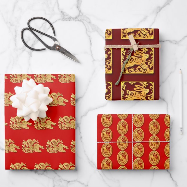 3 Wp3 Gold Chinese Paper-cut Rabbit Year Choose C Wrapping Paper Sheets (Front)