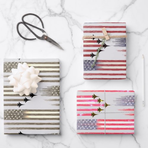3 Wrapping Paper Sheets American flag aircraft